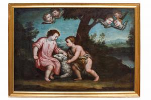 Spanische Schule, 18. Jahrhundert. Heiliger Johannesknabe mit Jesuskind und Engeln